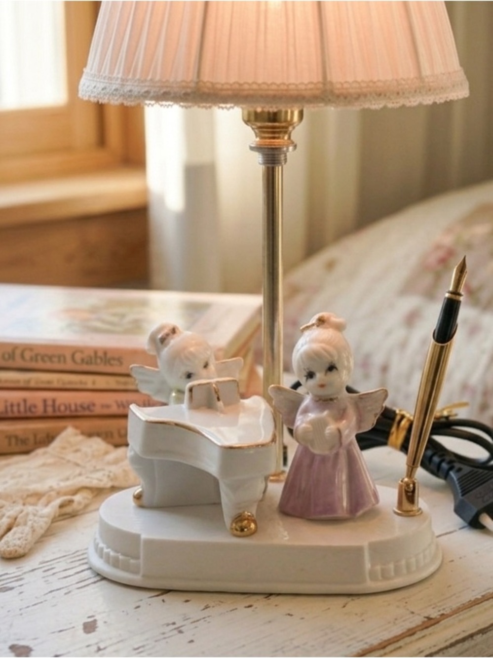 Vintage Porcelain Angel Desk Lamp - Musical Trio-shade not included